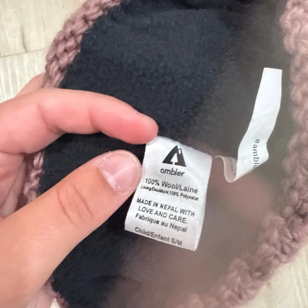 Ambler Kids Peek A Boo Wool Hat Bunny Knit Pom Beanie Winter Fleece Lined